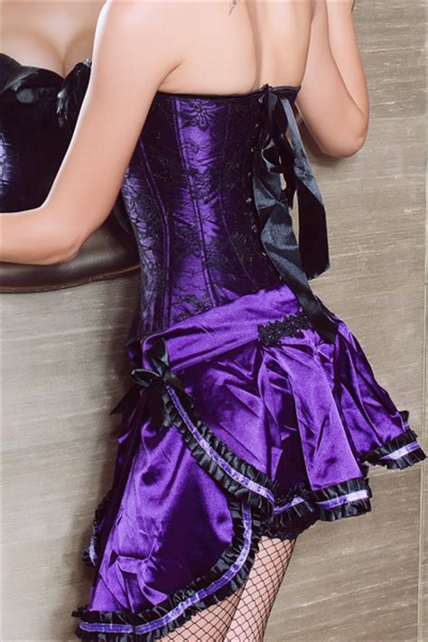 Sexy Bow Tie Feather Top Deep V Neck Purple Spandex Corsets With Matching Multi Layers Skirts