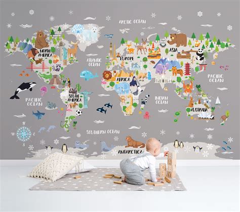 Kids World Map Wallpaper Animal Nursery World Map Wall Decal Etsy
