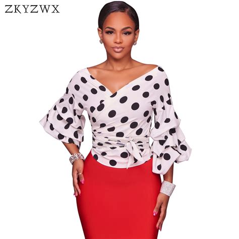 ZKYZWX Sexy Polka Dots Blouse 2018 Summer New Casual Deep V Top Clothes