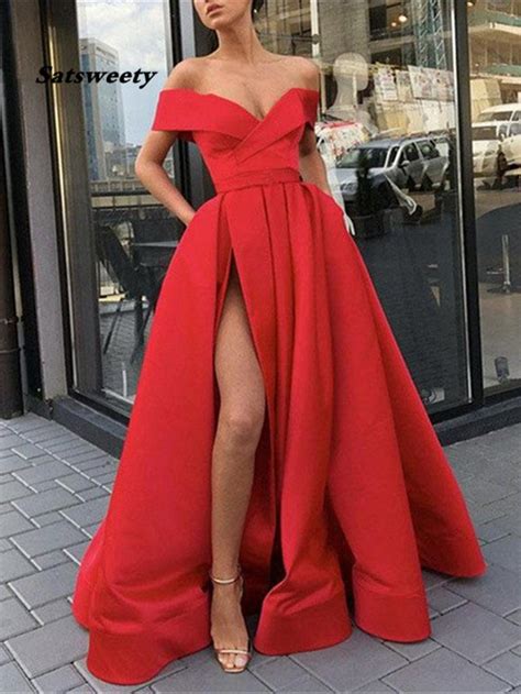 Red Prom Dresses 2020 Off The Shoulder High Slit Long Prom Gown With Pockets Vestidos De Fiesta
