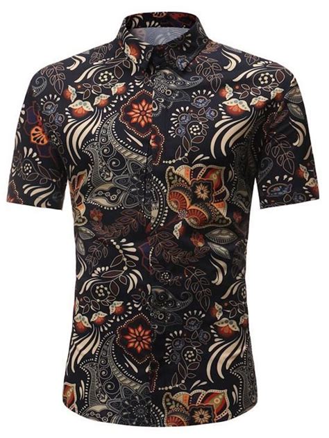 Mens Floral Leaf Pattern Button Up Short Sleeves Shirt Patterned Button Up Shirts Casual