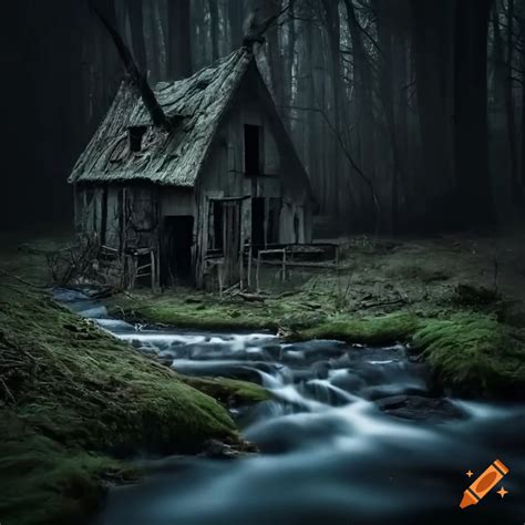 Dark And Mysterious Forest With An Abandoned Cottage