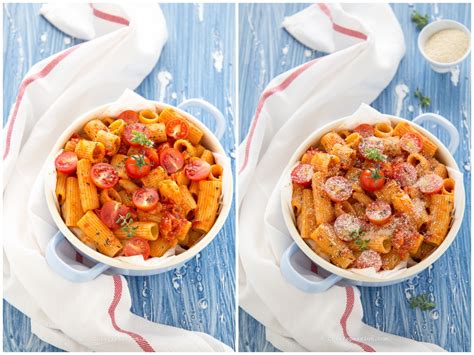 320 g penne rigate senza glutine 350 g pomodori datterini 125 g mozzarella 160 g tonno sott'olio 80 g olive nere 1 spicchio di aglio olio. Pasta al forno pomodoro e mozzarella