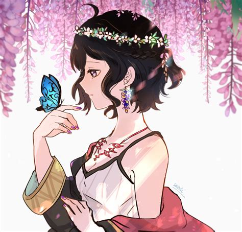 Safebooru 1girl Bare Shoulders Black Hair Breasts Bug Butterfly Cleavage Earrings Fire Emblem