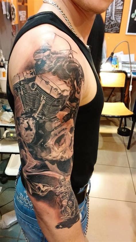 Pin By Vintage Motorcycles On Tats Skull Sleeve Tattoos Motorcycle Tattoos Harley Tattoos