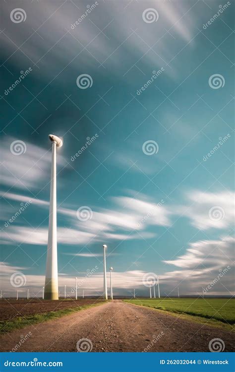 Long Exposure Shot Of Windmills In The Field And The Cloudy Sky In