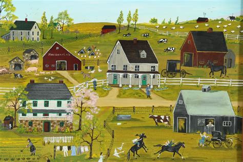 Folk Art Oil Painting Of A Farm Scene