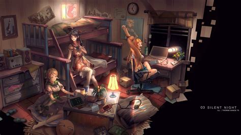 Download 1920x1080 Anime Girls Friends Messy Room Silent Night