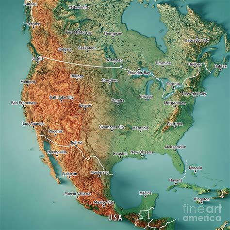 Usa 3d Render Topographic Map Border Cities Digital Art By Frank Hot Sex Picture
