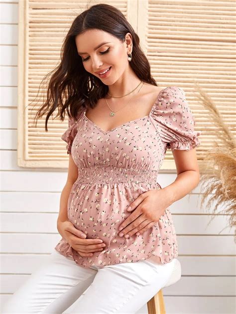 Maternity Shirred Waist Ruffle Cuff Ditsy Floral Peplum Top SHEIN USA