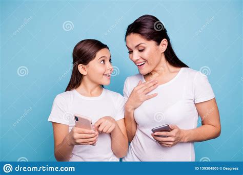 Close Up Photo Beautiful Two People Brown Haired Mom Small Little Daughter Shows Telephone Look