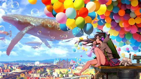 Colorful City Anime Girl Blowing Bubbles Wallpaperhd Anime Wallpapers
