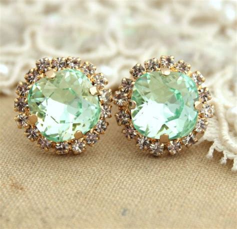 Clear Mint Green Seafoam Crystal Stud Petite Vintage Earring 14k 1