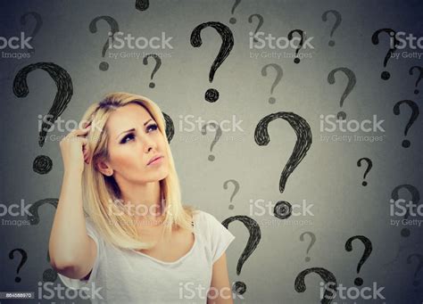Portrait Confused Thinking Woman Bewildered Scratching Head Seeks A Solution Looking Up At Many