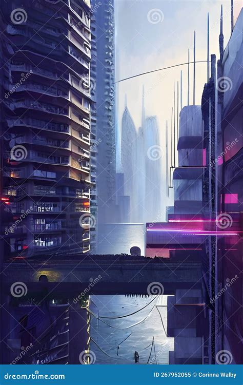 Purple Cyberpunk City Daytime Stock Illustration Illustration Of Blue