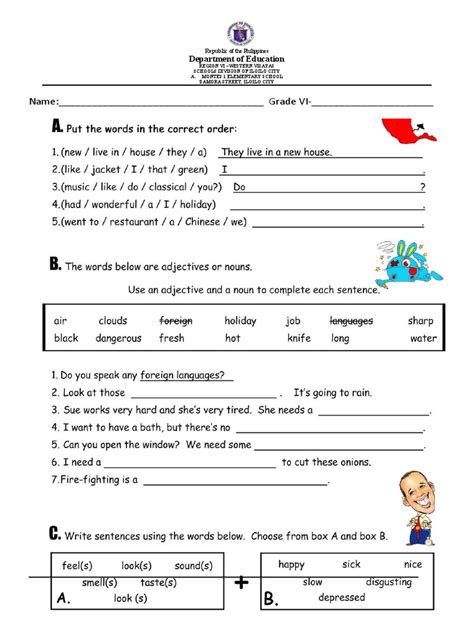 English 6 worksheets first quarter
