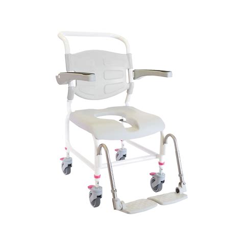 This commode wheelchair comes with swing away footrests that have adjustable height and are removable. Denmark Shower Commode Chair