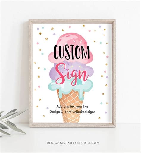 Editable Custom Sign Ice Cream Soft Confetti Birthday Baby Shower Party Gold Pink Teal Table Bar