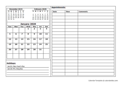 2020 Monthly Appointment Calendar Free Printable Templates