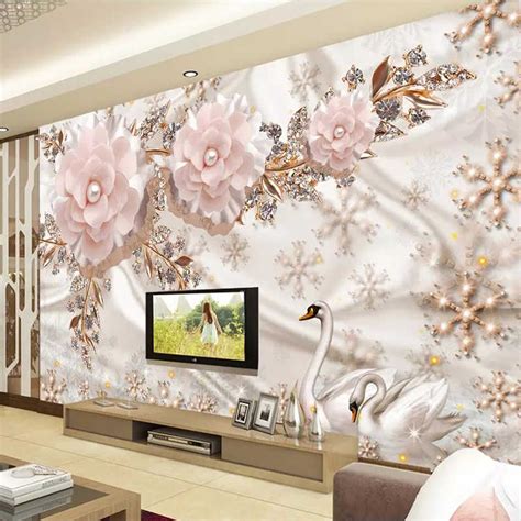 Custom Photo Wallpaper 3d Luxury European Style Swan Jewelry Flowers