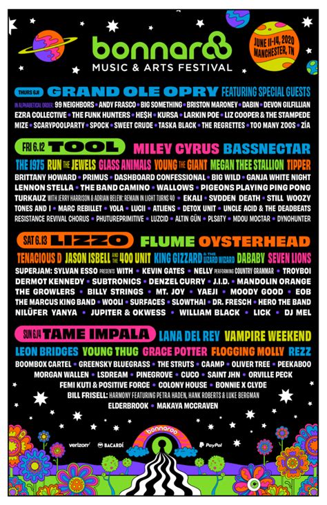 Other confirmed bonnaroo 2021 artists include live favorites my morning jacket and the disco and while some of last year's artists have carried over to the 2021 lineup (lizzo, tame impala and lana. Bonnaroo Drops Massive 2020 Lineup Featuring Flume ...