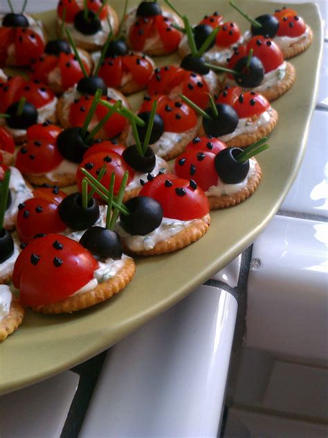 The problem with this approach is that we show up with kids who are very hungry and have to hit the appetizer table right away. "Ladybug" Appetizer Crackers -- So cute and would be a ...