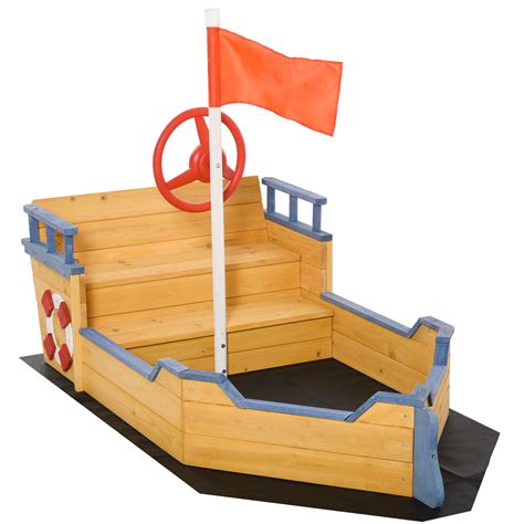 Outsunny Kids Wooden Sandbox Pirate Ship Sandboat Children Outdoor