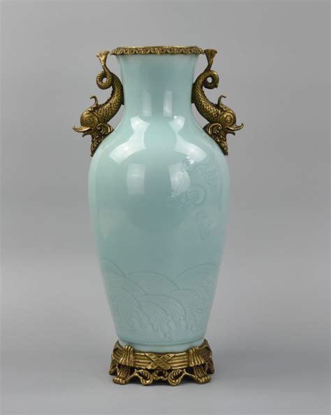 Chinese Celadon Dragon Vase W Brass Mounts20th C