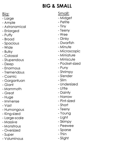 Big/Small Synonyms - https://www.teacherspayteachers.com/Product/Over-180-Synonyms-for-Big-Sma 