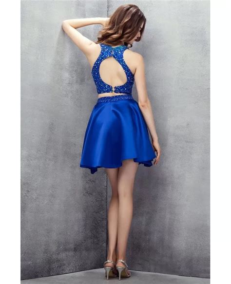 Bling Sequins Royal Blue Two Pieces Satin Short Prom Dress Yh0106 122