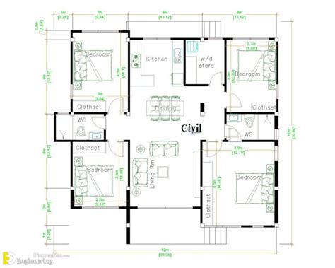 House Design Plans 12m×12m With 4 Bedrooms Engineering Discoveries