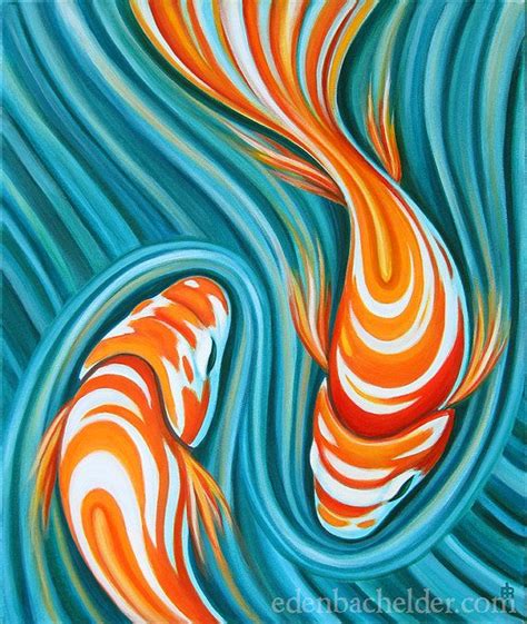 Three Orange And White Koi Fish Swimming In Blue Water With Ripples On