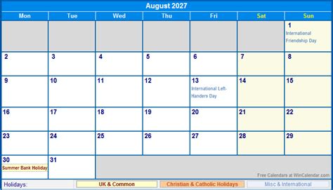 August 2027 Uk Calendar With Holidays For Printing Image Format