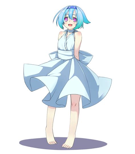 arms behind back bare shoulders barefoot blue hair blush dress hairband highres open mouth