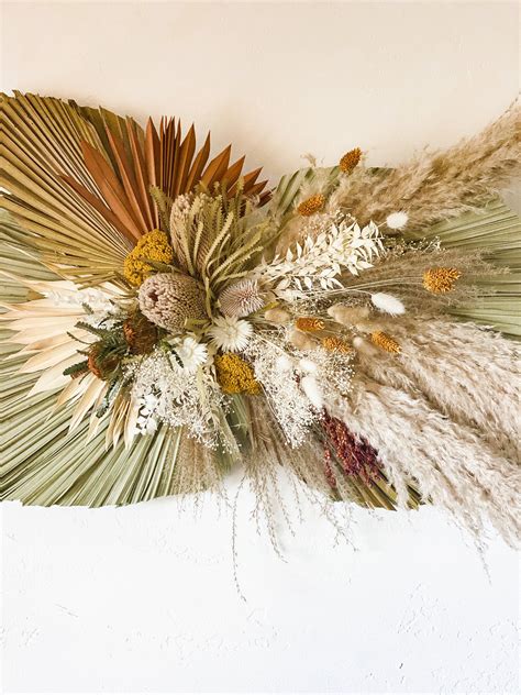 Large Mustard And Rust Pampas Grass And Palm Wall Decor Etsy Flower
