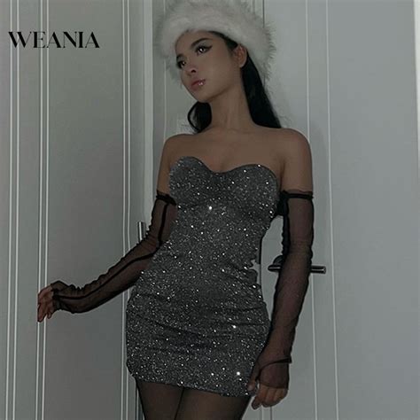 WEANIA Sexy Night Party Women Off Shoulder V Neck Gillter Pleated Mini Dress Shopee Philippines
