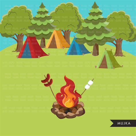 Scouts camping clipart, campground, campfire, tent, camper van, forest