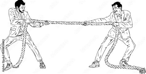Two Professional Business Man Playing Tug Of War With Rope Outline Sketch Drawing Vector