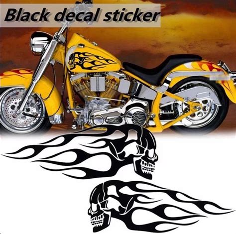 2x White Cool Motorcycle Skull Flame Stripes Gas Tank Vinyl Sticker