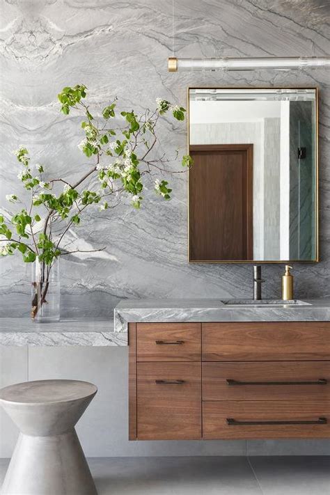 Brown Veneer Floating Sink Vanity With Gray Marble Countertop Modern