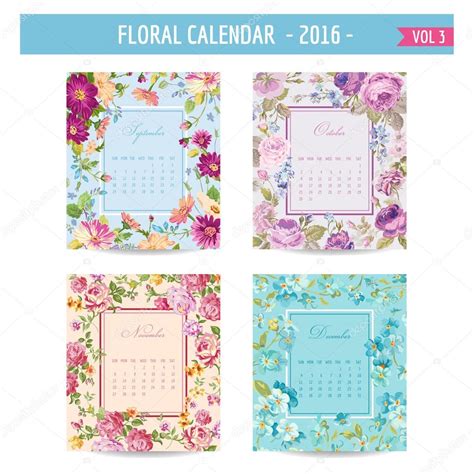 Floral Calendar 2016 With Vintage Flowers In Vector Volume 3