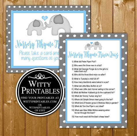 Baby Shower Games Elephant Blue Nursery Rhyme Trivia Game With Sign