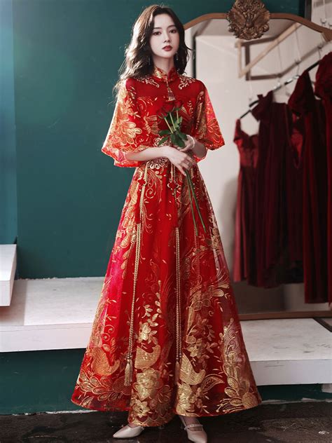 Long Embroidered Modern Chinese Wedding Dress - Weqipao