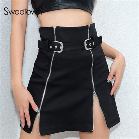 Sweetown Black Punk Skirt Streetwear Sexy Zipper Split Skirts Womens