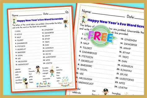 Happy New Years Eve Word Scramble Classroom Star Worksheets