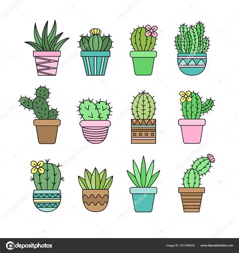 Cute Cactus Set Different Types Cacti Patterned Plant Pots Vector Stock