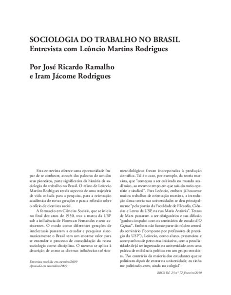 Pdf Sociologia Do Trabalho No Brasil Entrevista Com Leôncio Martins