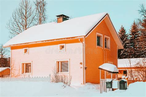 Cottage House At Snow Winter Finland In Lapland At Christmas Stock