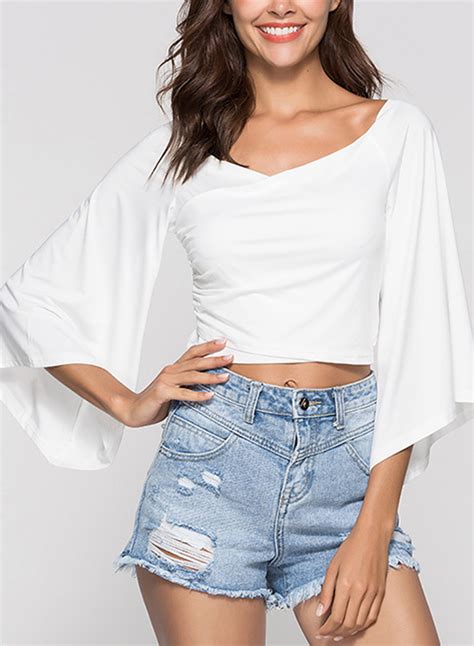 White Womens Off Shoulder Flare Sleeve Crop Top Loose Solid Color Tee