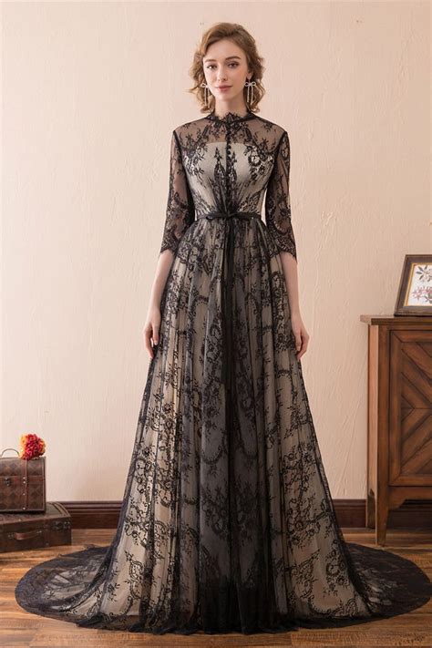 13500 Modest All Lace Black Evening Dress Long With Sleeves Train